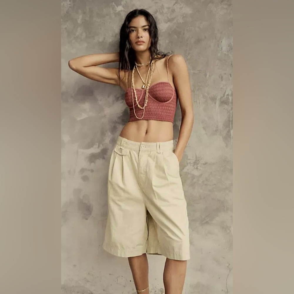 Free People High Street Trouser Pleated Shorts - Linen Blend Brown Rice NWOT